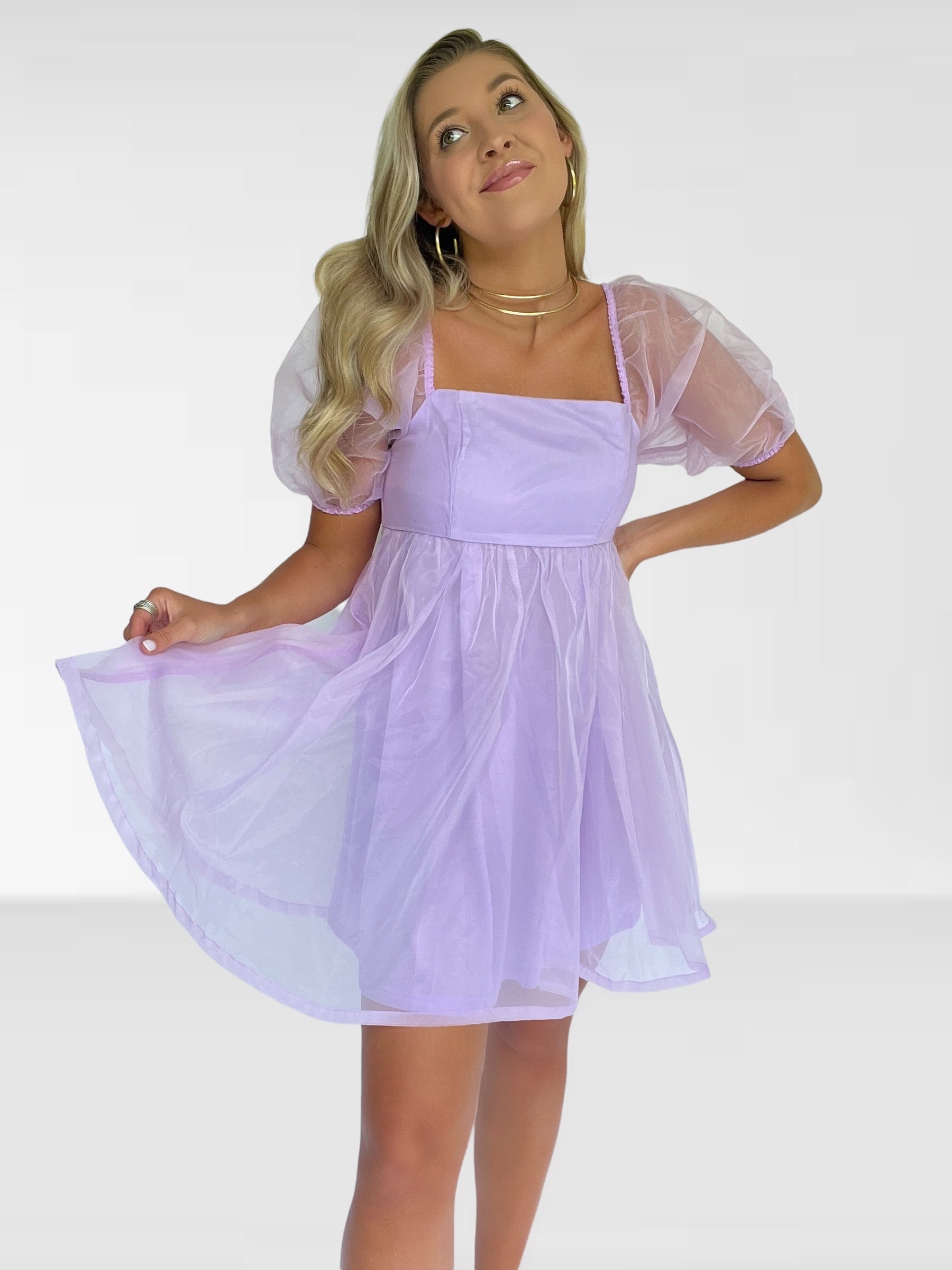 purple puff sleeve dress